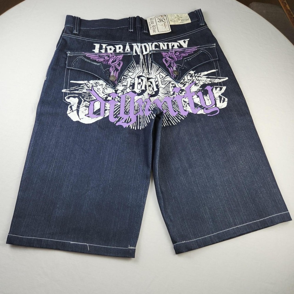 Raw Blue Mens Dark Wash Denim Shorts Jorts Baggy Y2K Skater Embroidered 36